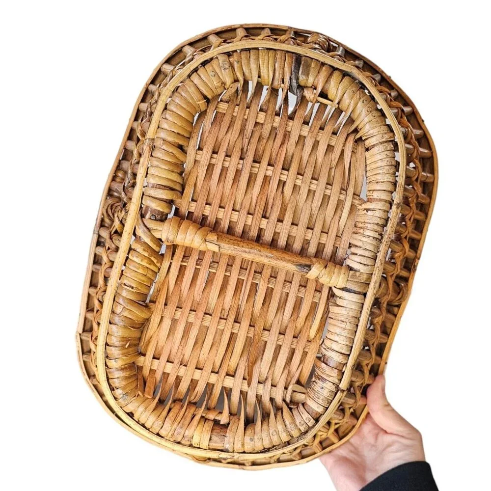 Vintage Bamboo Reed Gathering Basket Handle 10x14x12 5‎ Inches Deep Boho Decor